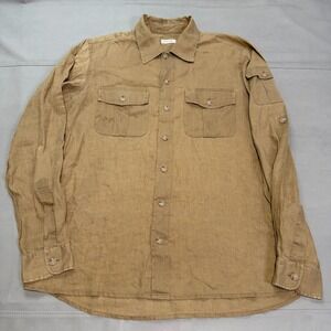 Ascot Chang Men 100% Pure Linen Tan Khaki Minimal Earthtone Button Shirt-XL-5371